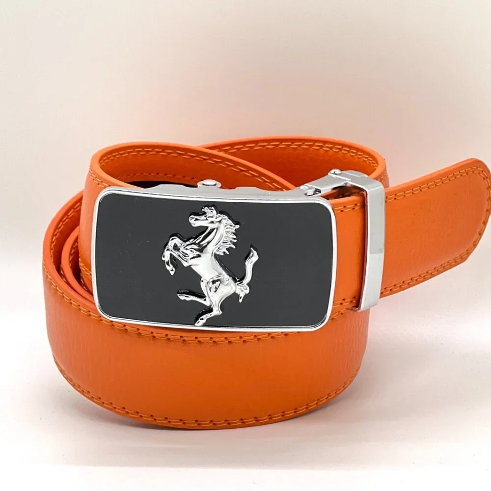 Automatic Silver Designer Buckle Men's Orange strep‎ Ratchet Genuine Leather New